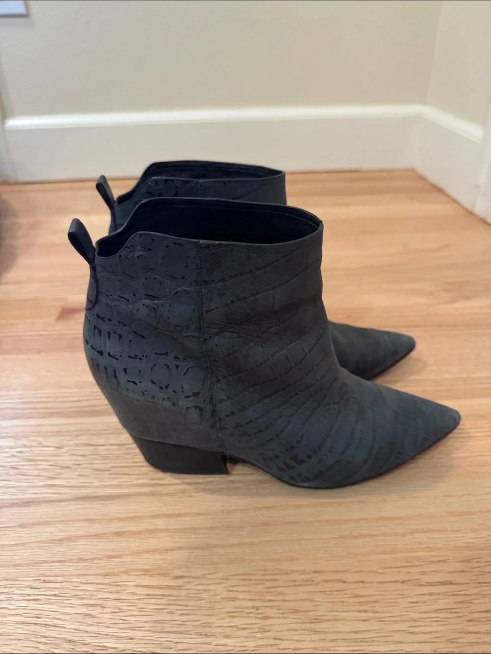 Sigerson Morrison Black Croc-Embossed Pointed Toe Ankle Booties